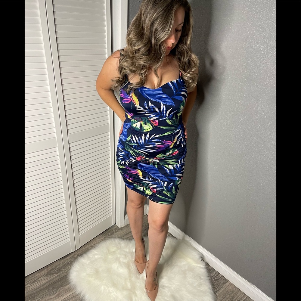 Maui-ruched print double layered mini dress